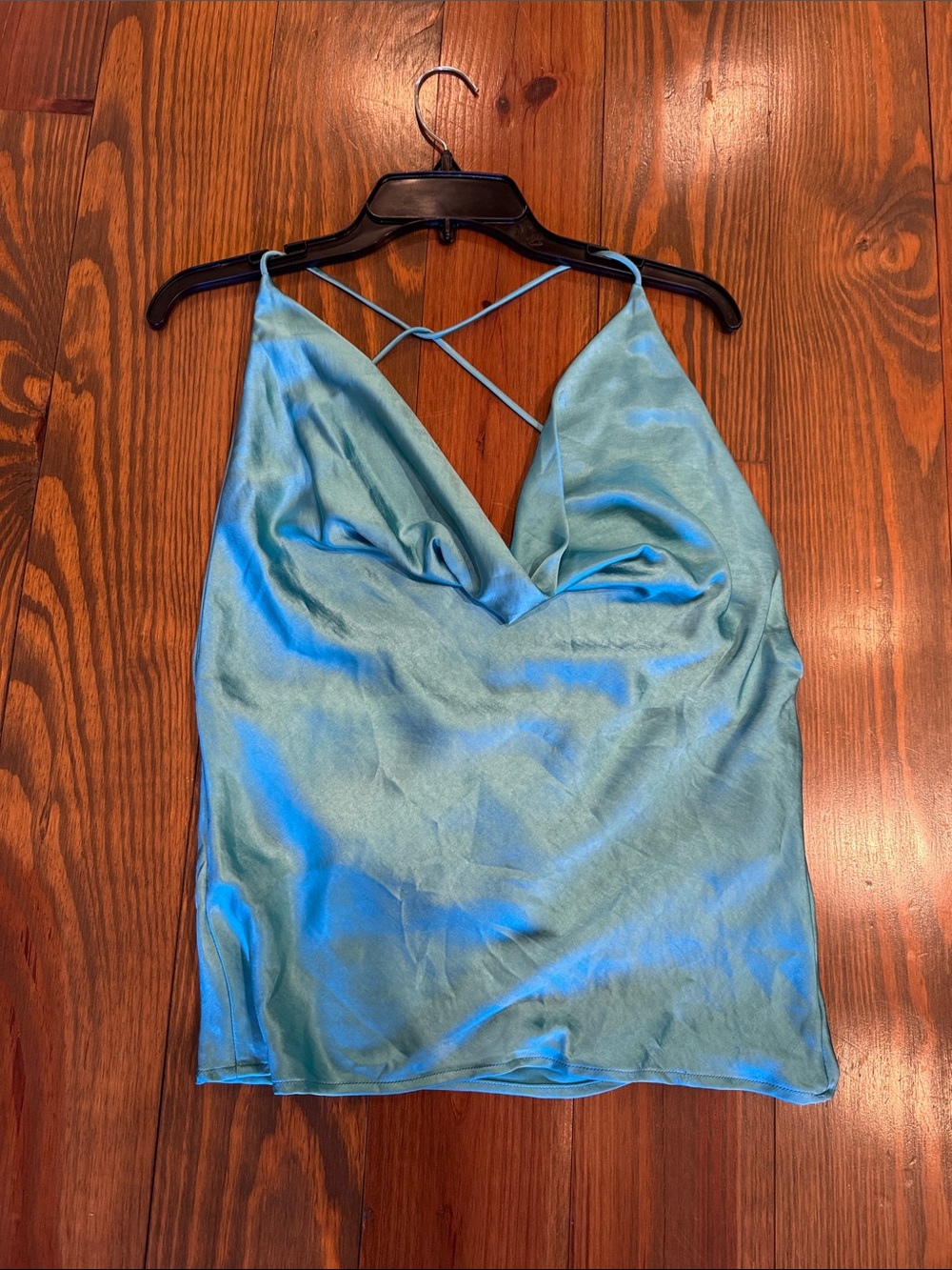Satin Cowl Neck Spaghetti Strap Tank Top - Aqua Blue L